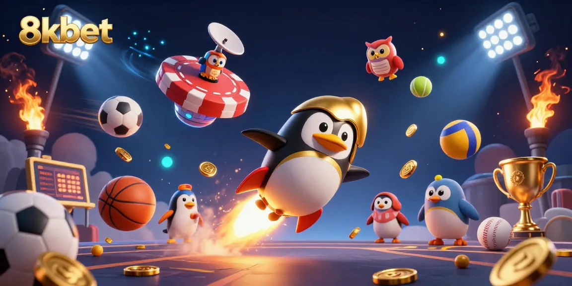 Experience the excitement of betting at 8xbet with dynamic sports balls and a golden penguin in a vibrant casino-themed scene.