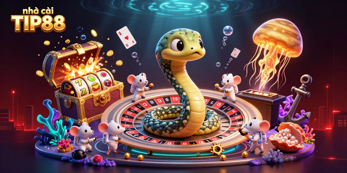 nhà cái TIP88 showcases a vibrant 3D casino scene with betting astronaut mice and vibrant game elements.