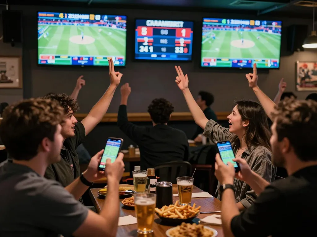 A sports bar scene where fans engage in live betting via their smartphones, highlighting the exciting atmosphere of 688v.
