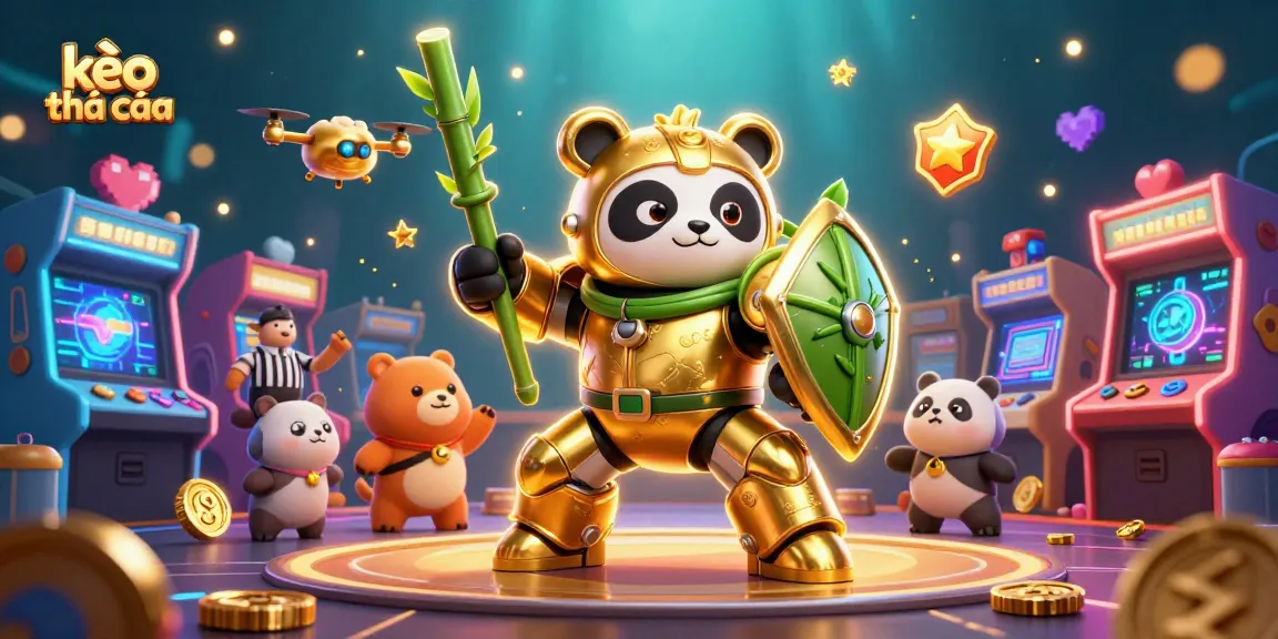 Engaging scene of kèo nhà cái action featuring a golden panda in mech-suit battling in a lively arena.