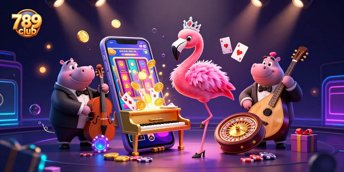 Engage with 789club's vibrant casino scene featuring a flamboyant flamingo singer, a hippo bassist, and immersive gaming elements.