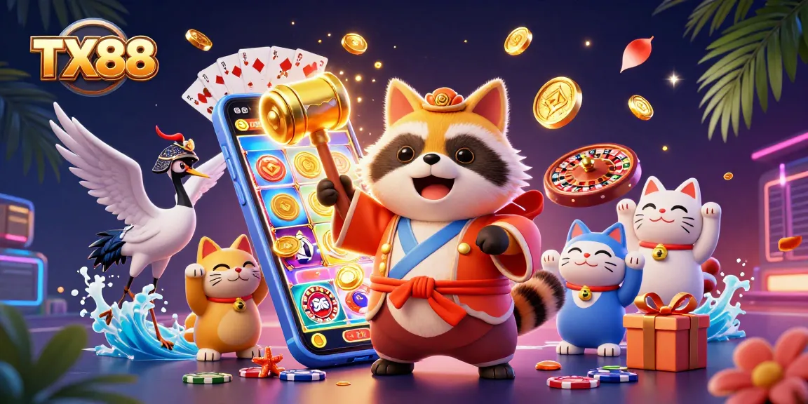 Experience thrilling gameplay with TX88's vibrant 3D illustration of friendly characters and dynamic casino elements.
