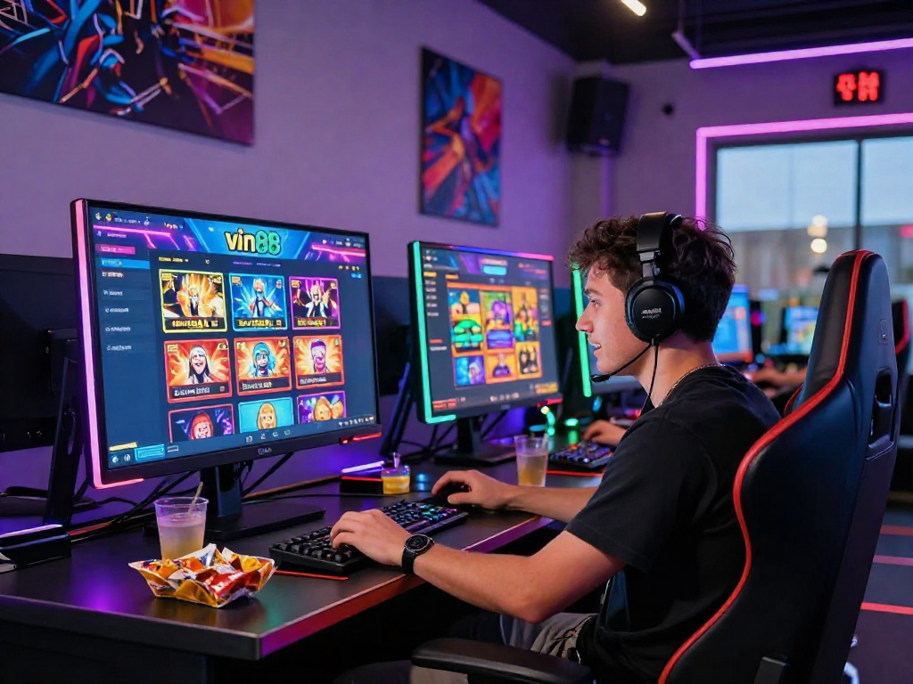 Players engaged in vin88 online casino games at a vibrant gaming desk filled with excitement.