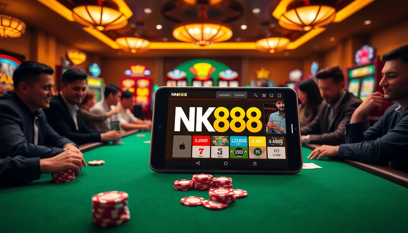 Experience thrilling gambling moments at NK88 with poker games and vibrant casino visuals.