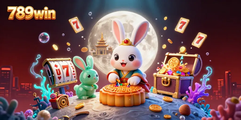 Join the 789win rabbit in a magical casino scene of poker chips and golden mooncakes.