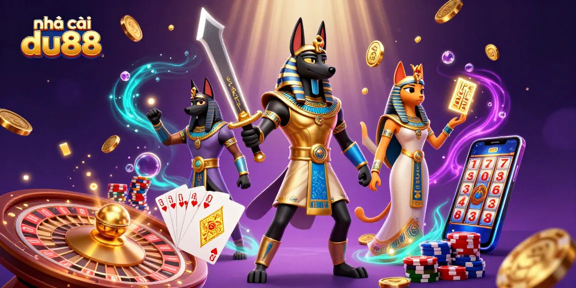 Engage with nhà cái du88 through a vibrant 3D scene of Anubis and Bastet surrounded by casino elements.