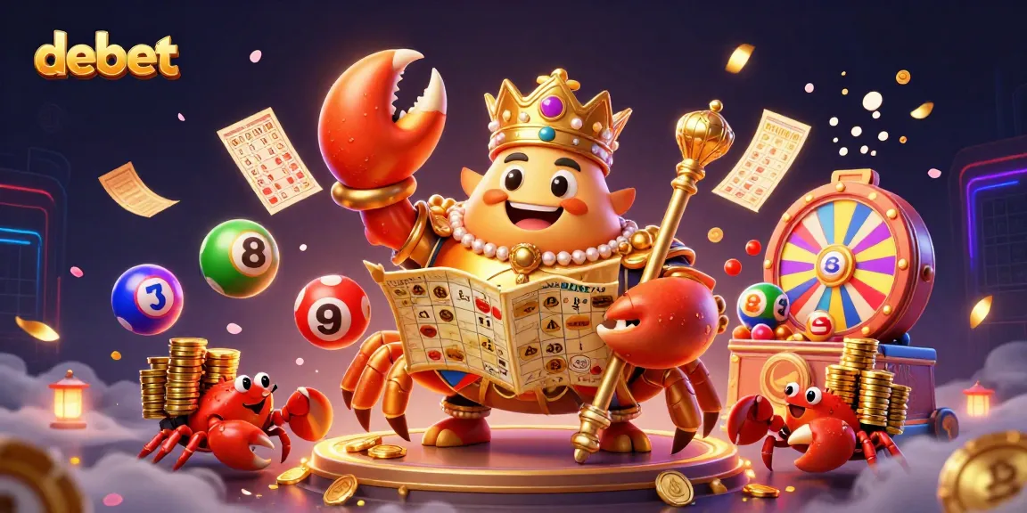 Engage in thrilling games at debet's vibrant casino, with colorful lottery elements and a majestic crab ruler.