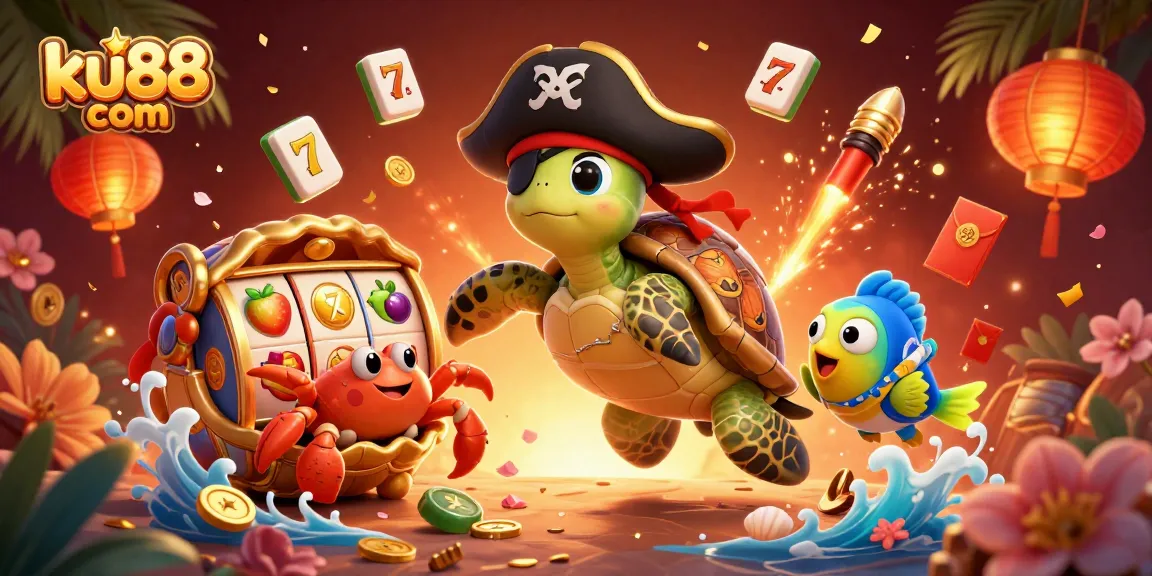 Spin the reels with ku88 com's vibrant casino illustration featuring a pirate turtle and treasure.