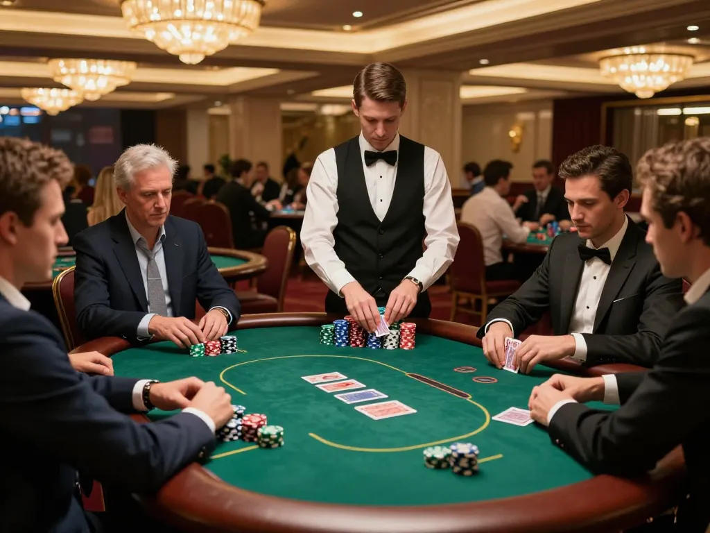 Go8 high-stakes poker game in upscale casino with players engaged and colorful chips on green felt table.