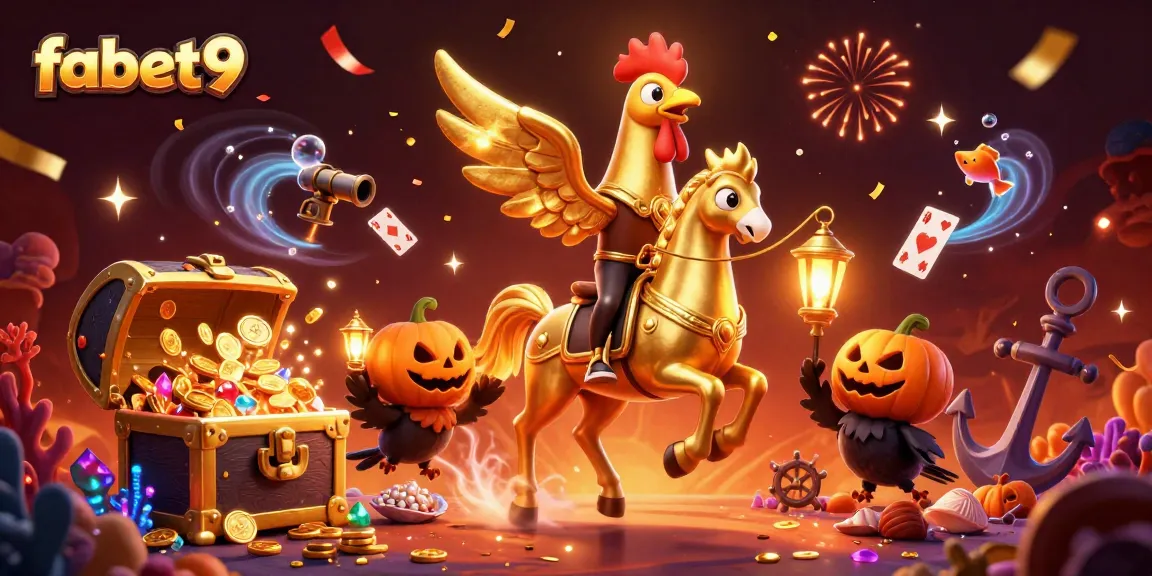 Engage with fabet9's thrilling gaming experience featuring a mystical rooster, gold coins, and casino excitement.