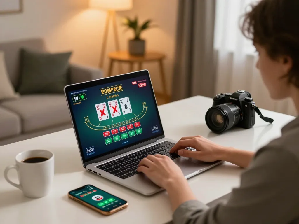 Um jogador aproveitando um jogo de blackjack com dealer ao vivo da AQ777 em uma elegante configuração de jogos em casa.