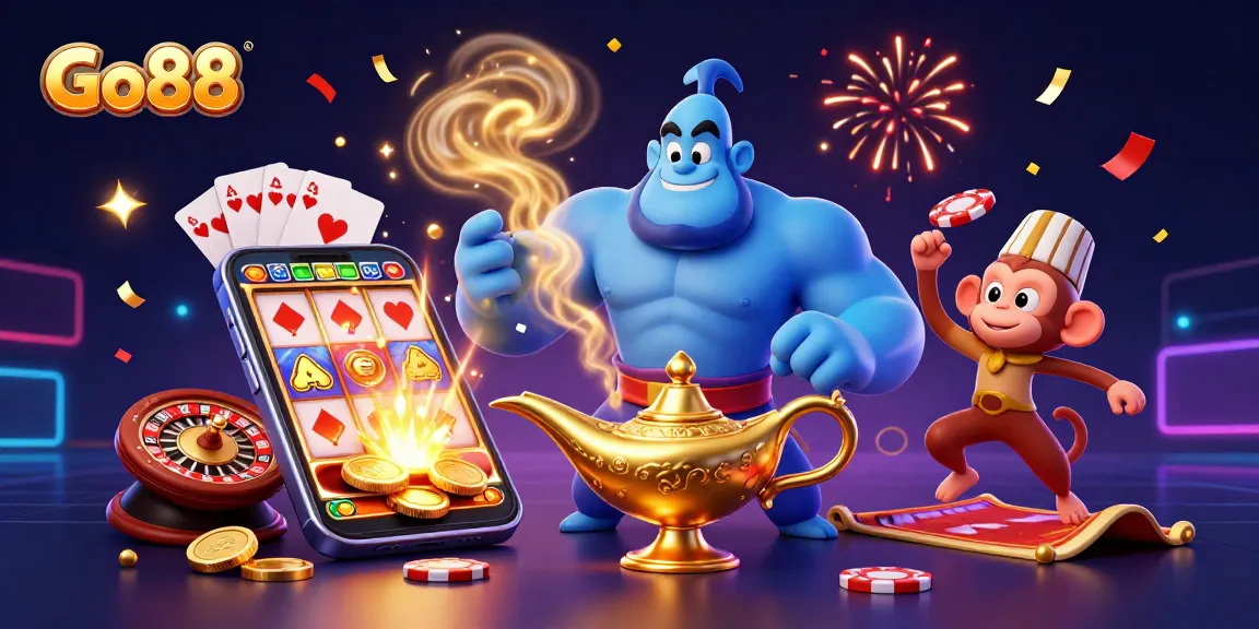 Join the excitement at Go88 with a vibrant, magical casino scene featuring a genie and poker elements.