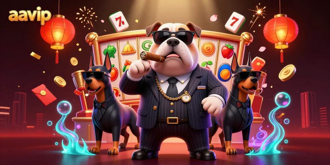 AAVIP's dynamic gaming scene showcasing a mafia bulldog and Doberman guards amidst vibrant slot reels and festive elements.