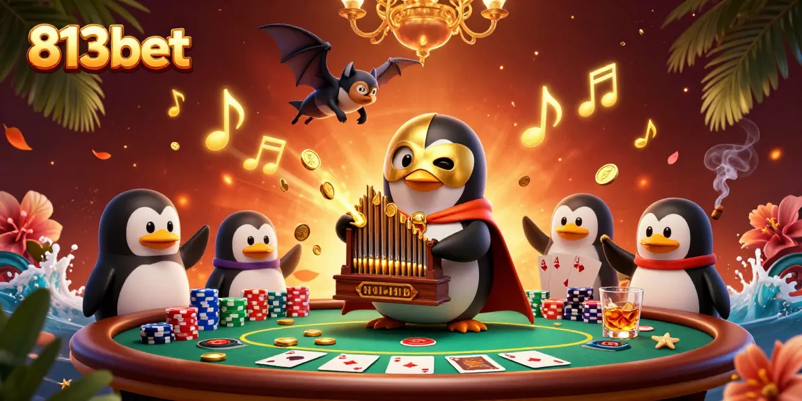 Aventuras emocionantes no 813bet: o pinguim toca o órgão que solta moedas douradas enquanto um morcego acrobata dança.