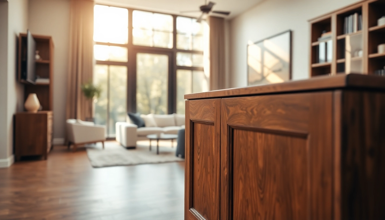 Custom cabinet with exquisite wood detail in a chic living room setting.