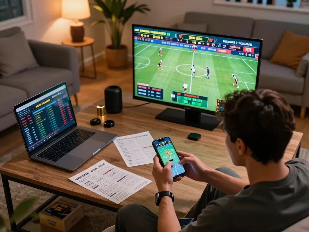 Engaging in live sports betting on a smartphone with immersive game action displayed for 45678 users.