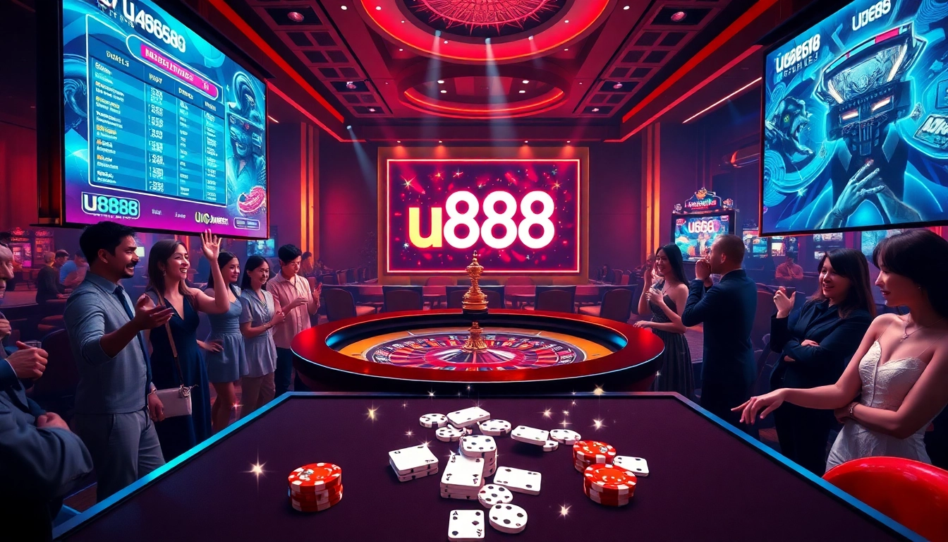 Players enjoying thrilling games at the u888 online casino, featuring vibrant roulette and poker.