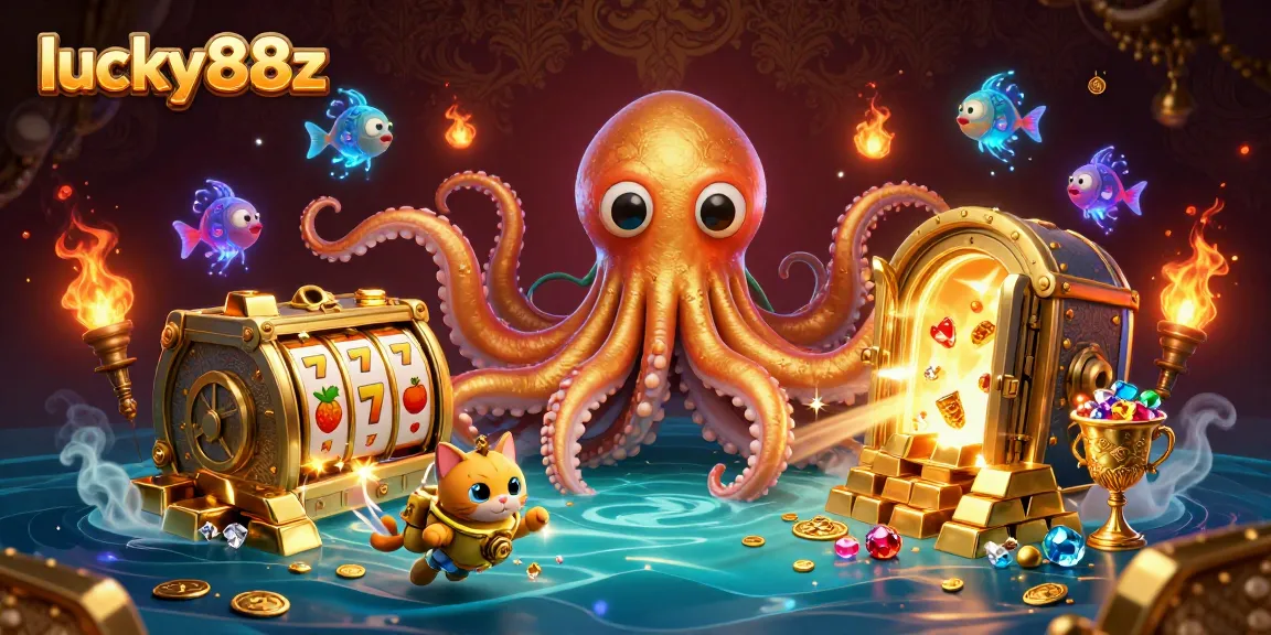 Engage with lucky88z in this vibrant casino scene featuring a kraken and diving cat.