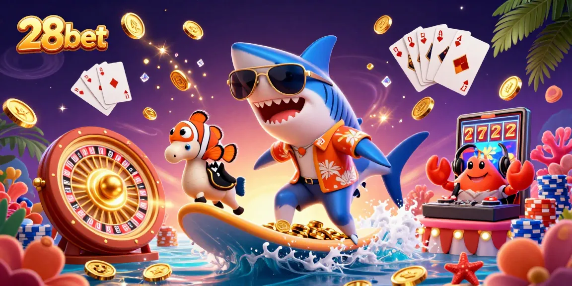 Experience thrilling 28bet action with a shark surfing on gold coins and vibrant casino elements.