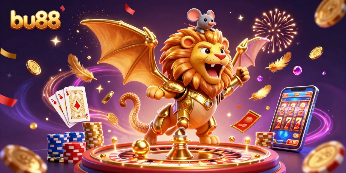 Join the excitement at bu88 as golden coins and gems burst from a triumphant casino chimera.