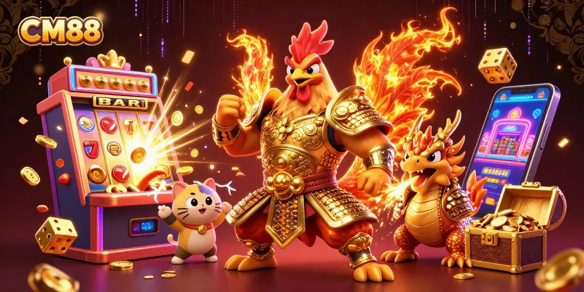 Win big with CM88 in an exciting casino scene featuring vibrant characters and jackpot moments.