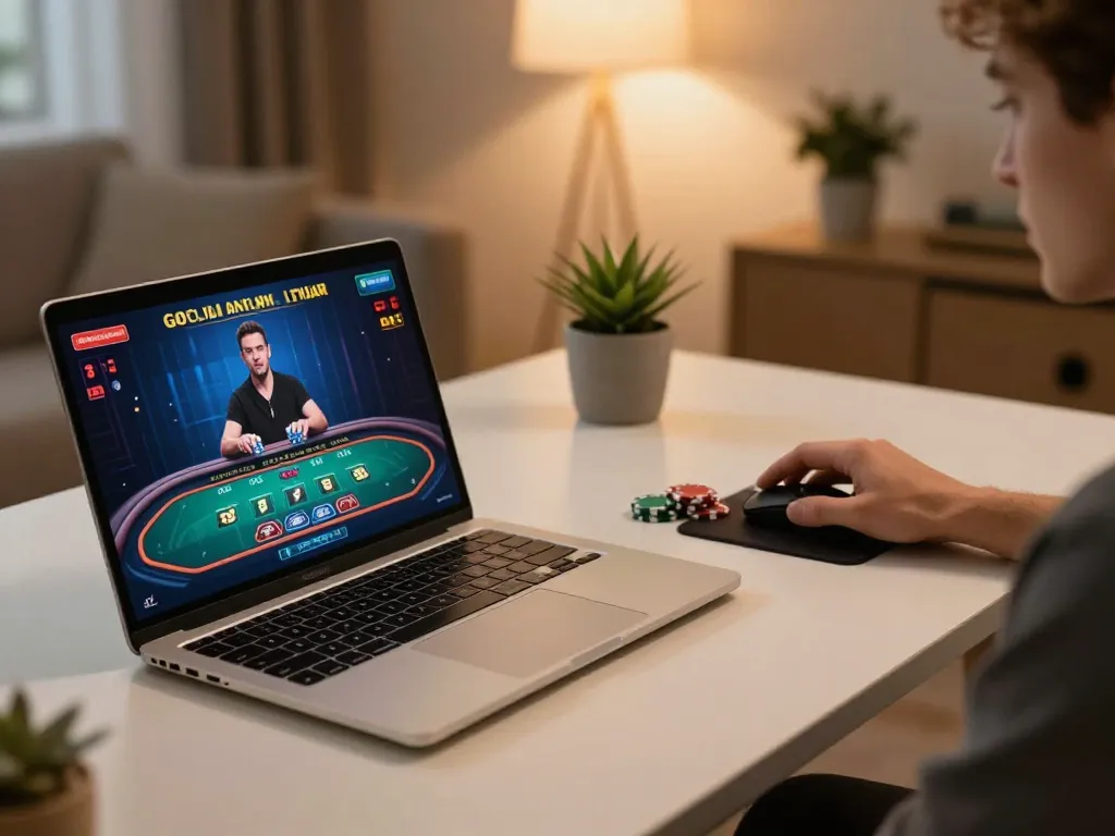 Player enjoying OXBET live dealer game on a stylish gaming setup with vibrant decor.