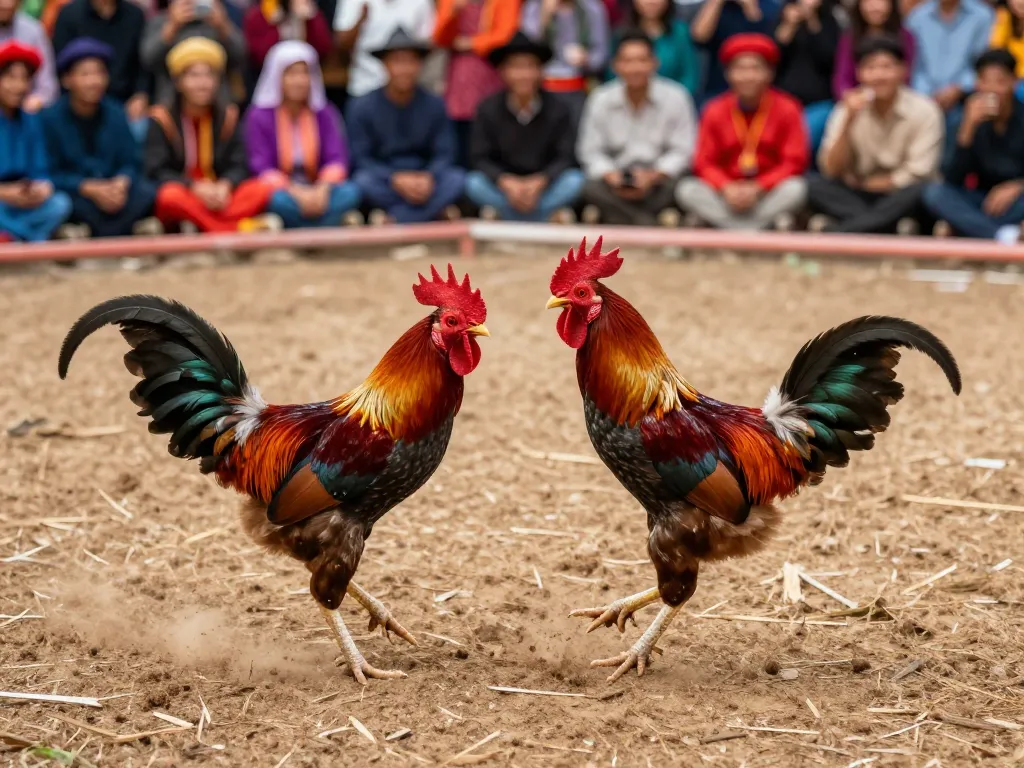 Cockfighting action at Đá Gà Thomo, capturing intense moments of vibrant fighting roosters competing with enthusiastic spectators cheering.