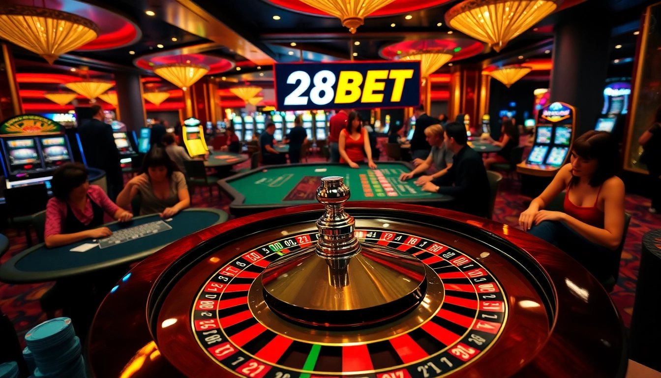 Experience the thrill of 28BET at a vibrant casino with roulette and blackjack tables.