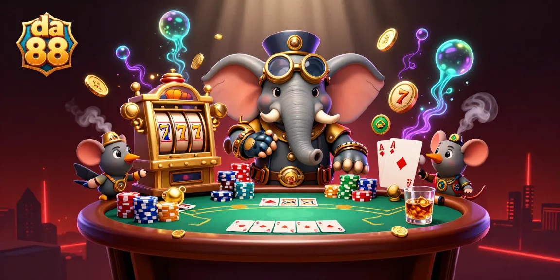 Spin the da 88 slot machine with a steampunk elephant engineer amidst colorful casino elements.
