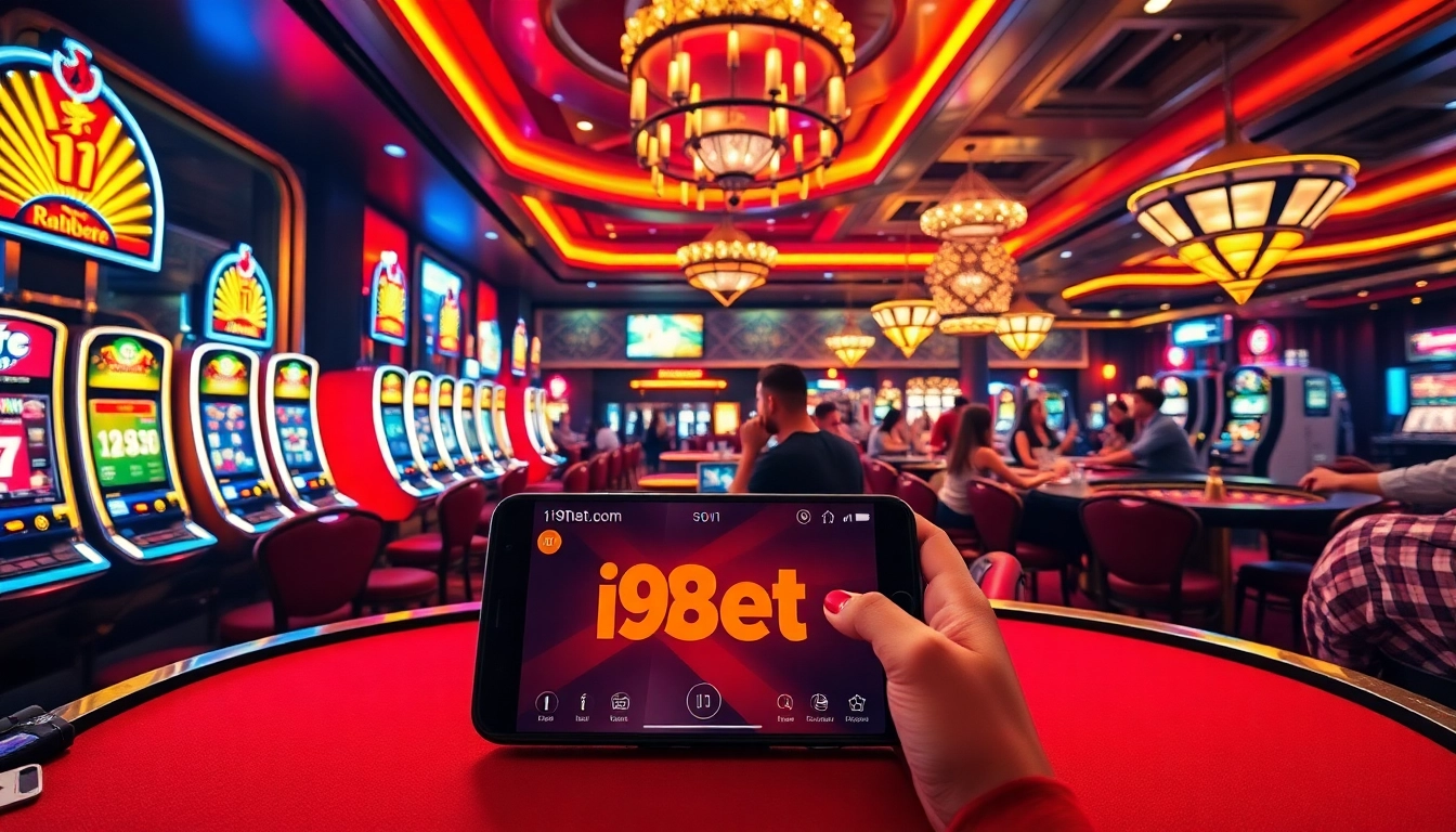 Experience the excitement of gaming at i9bet com with vibrant visuals of slot machines and poker tables.