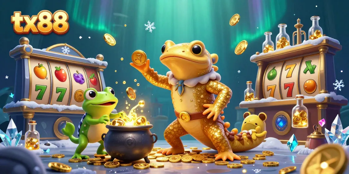 Win big with tx88 in this vibrant slot scene filled with golden coins and colorful fruit symbols.