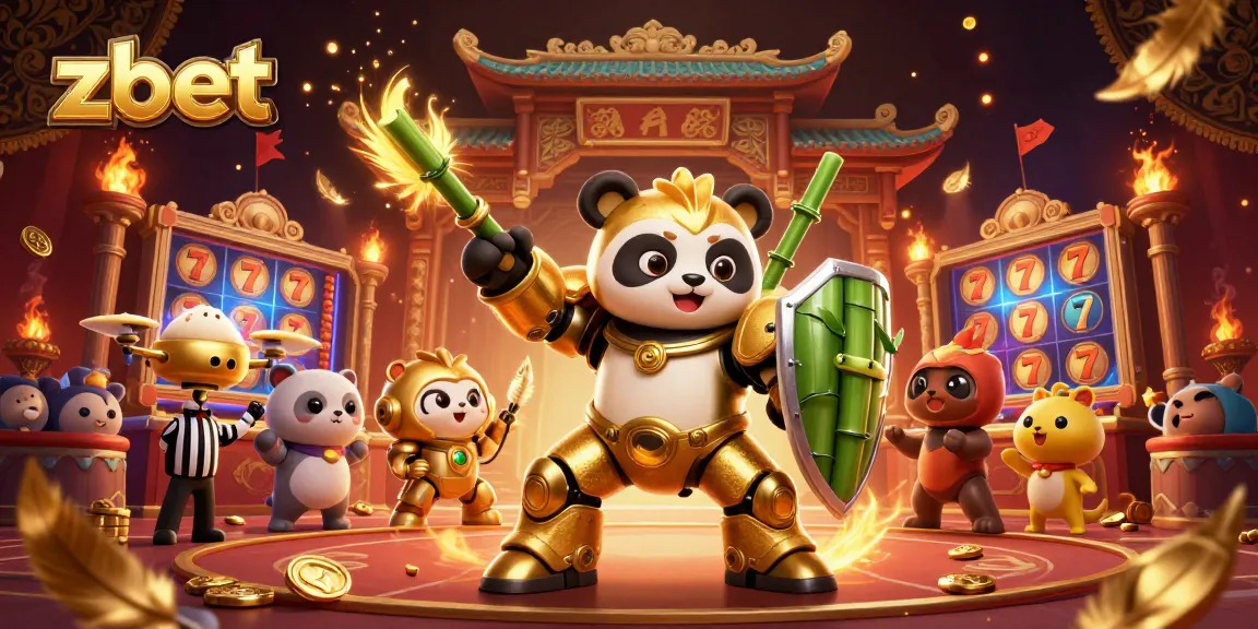 Experience zbet's thrilling casino scene with a mech-suit panda and dynamic slot action.
