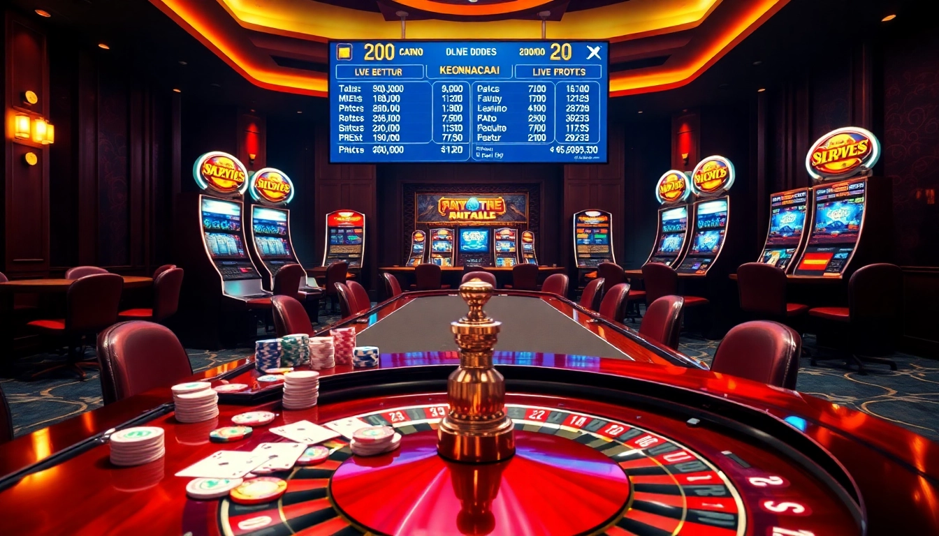 Engaging scene of KEONHACAI betting with elegant casino tables and vibrant slot machines