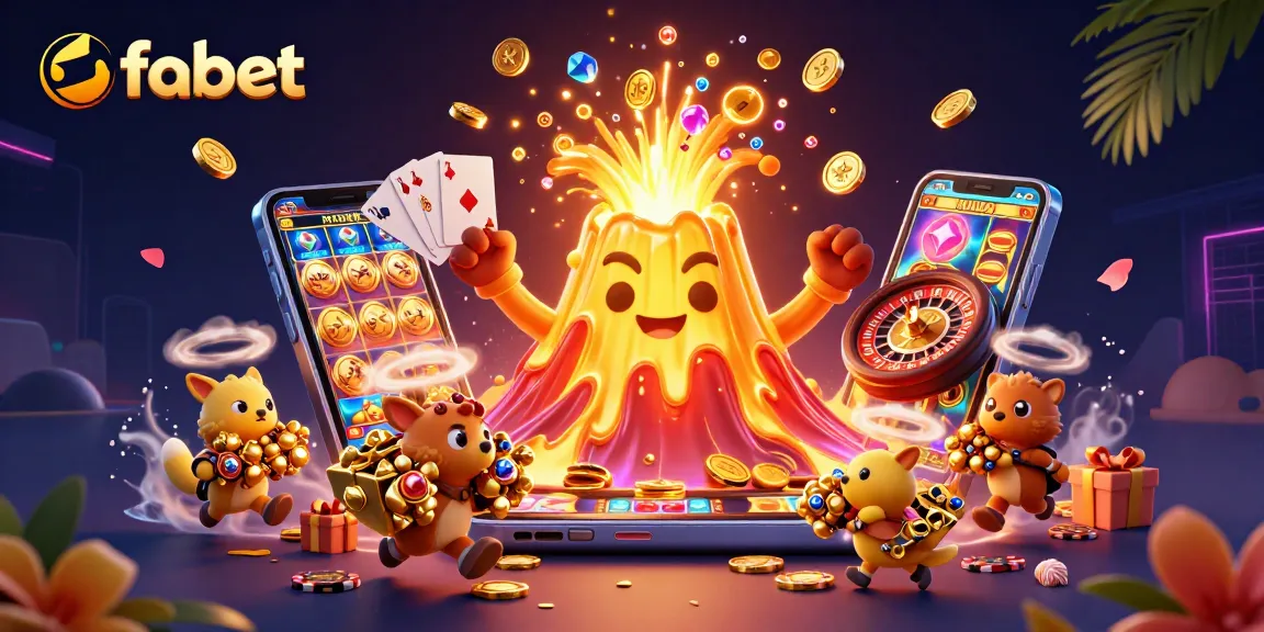 Engage with fabet, where a golden volcano erupts coins and treasure in a vibrant casino scene.