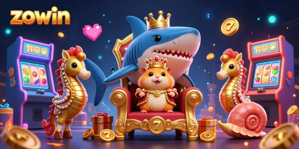 Engage in exciting gaming experiences with Zowin as the golden hamster king reigns over a vibrant casino scene.