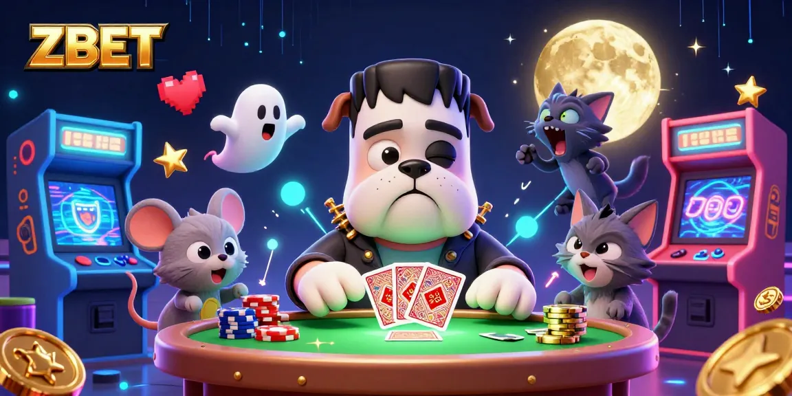 ZBET offers thrilling card dealing action with a Frankenstein bulldog and ghost mouse in a vibrant casino setting.