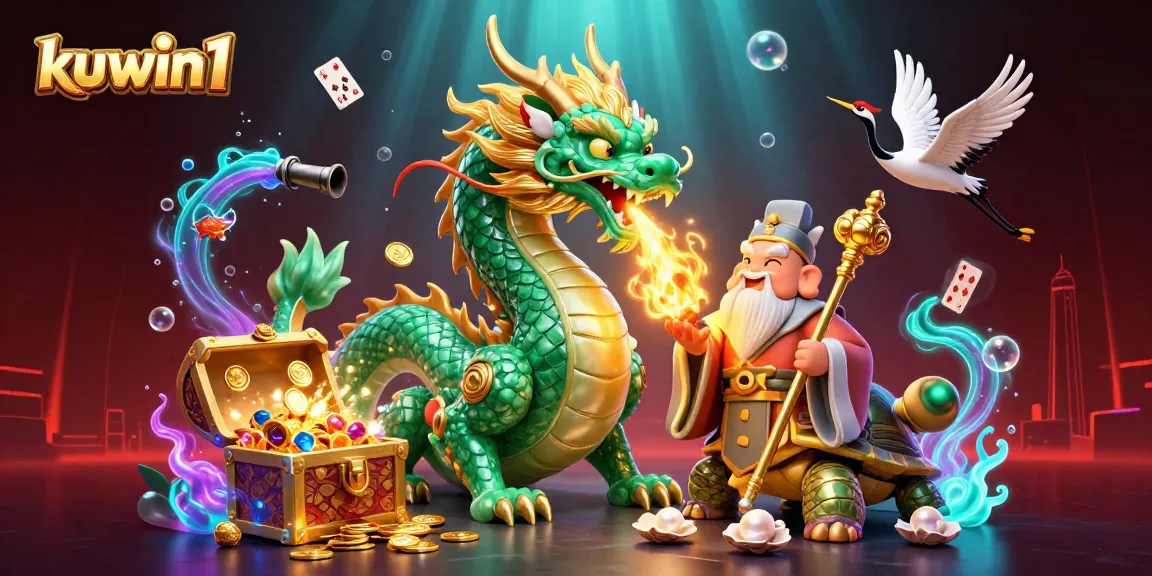 Kuwin1 embodies excitement with a jade dragon and turtle sage amidst casino treasures and games.