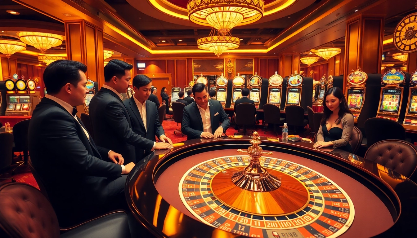 Players engaging in a thrilling roulette game at RR88 casino, showcasing excitement and luxury.