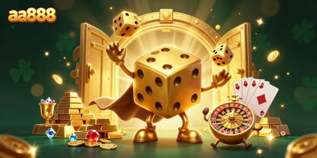 Experience the charm of aa888 with a lively 3D illustration of a golden dice golem and rich casino elements.