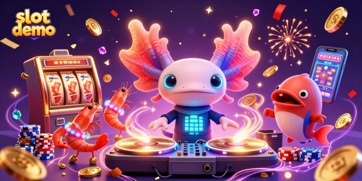 Slot demo menampilkan DJ axolotl neon dan permainan kasino yang meriah dan menarik.