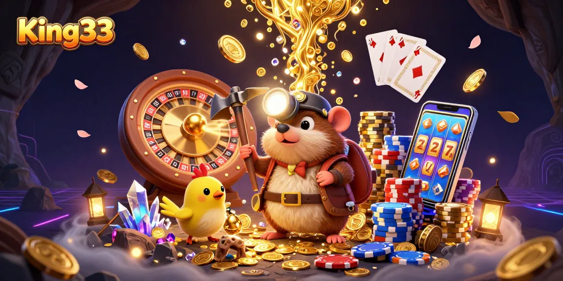 Experience King33's thrilling gaming adventure with vibrant illustrations of mining treasures and casino elements.