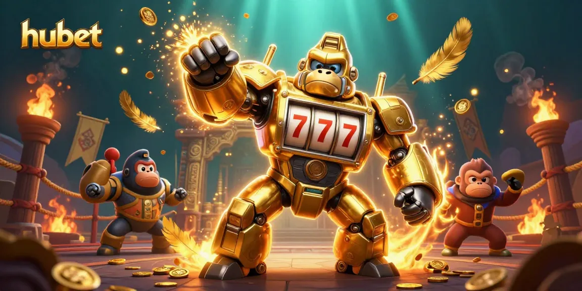 Experience dynamic gameplay at hubet with an exciting 3D illustration of a golden gorilla mech and thrilling casino elements.