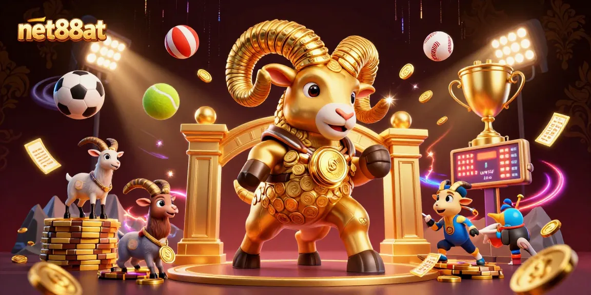 Bettors celebrate wins at net88at with a golden ram emblematic of luck, amidst vibrant sports elements.