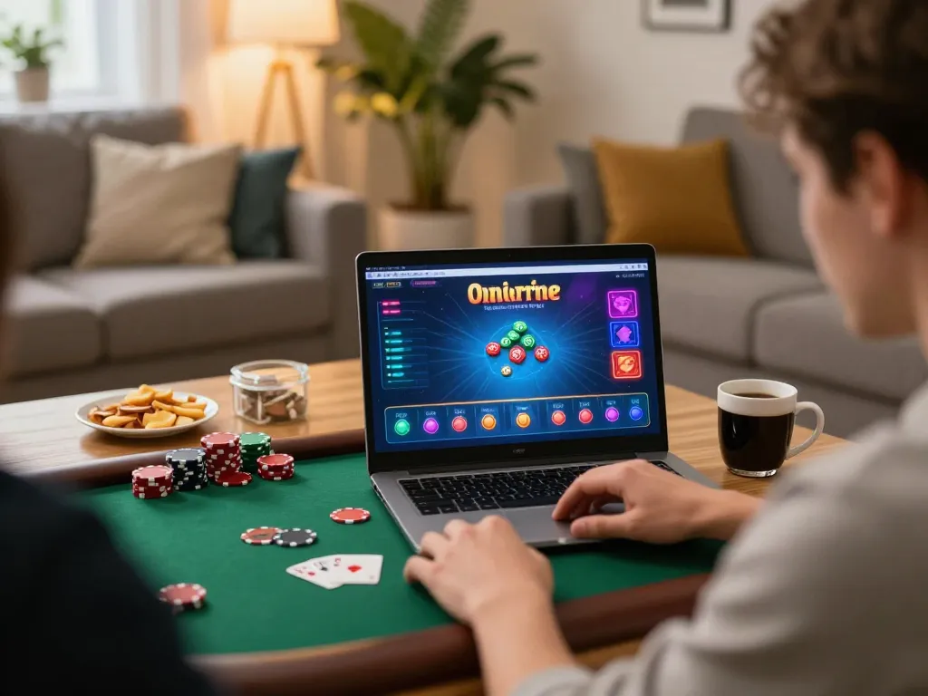 Engaging with 27G online casino from home, featuring poker gameplay and a cozy atmosphere