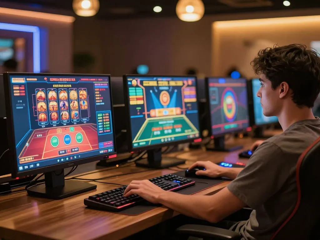 Player immersed in multiple casino games on screens, highlighting online gaming diversity at 27G.