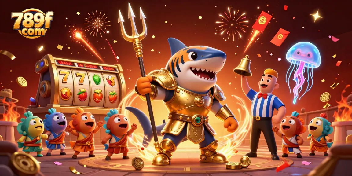 Engage with thrilling slots featuring vibrant characters like 789f com's shark gladiator in an underwater arena.