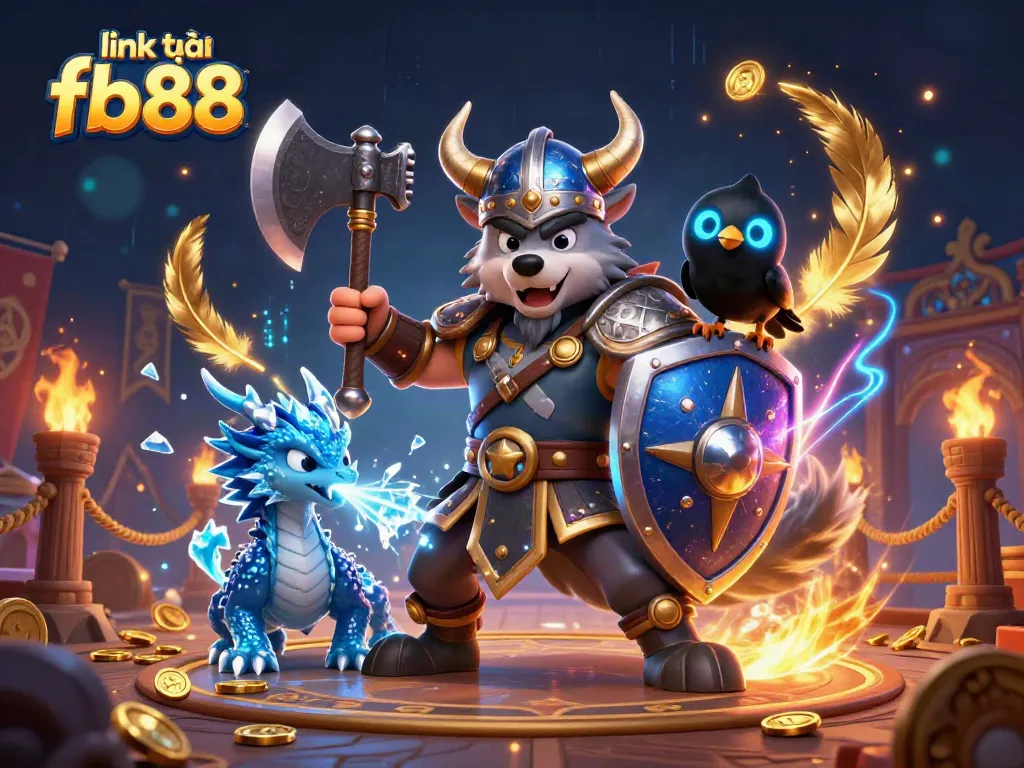 Experience thrilling action and exciting rewards with "link vào fb88" in this immersive 3D gaming scene featuring a heroic Viking wolf warrior, dragon, and dynamic casino elements.