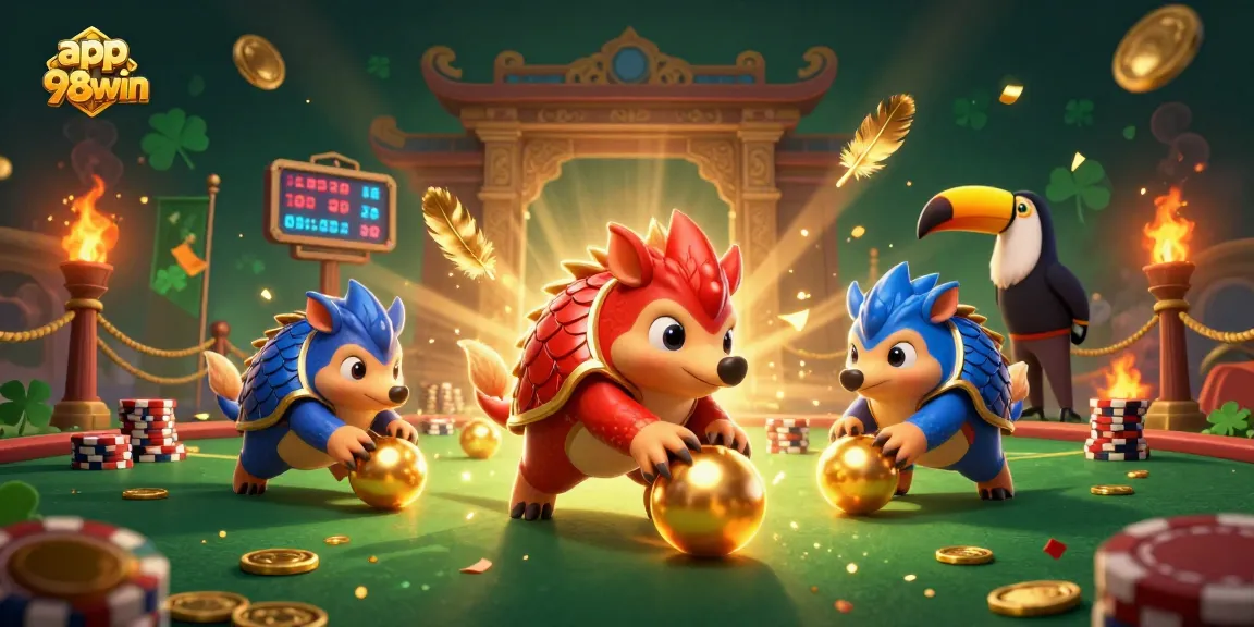app 98win showcases entertaining pangolin rivals battling through casino chips in a vibrant scene