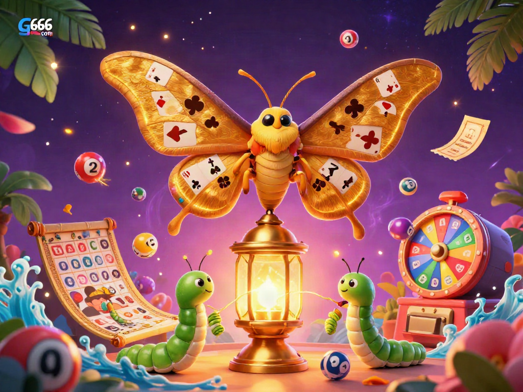 Engage with G666 com's vibrant casino scene featuring dynamic lottery balls, golden tickets, and a majestic moth.