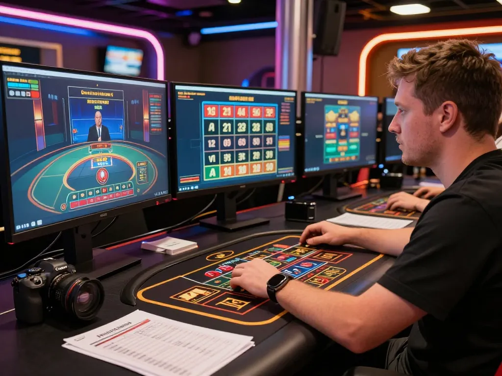 Configuração profissional de jogos da AAVIP com múltiplas telas exibindo estratégias e jogos com dealer ao vivo.